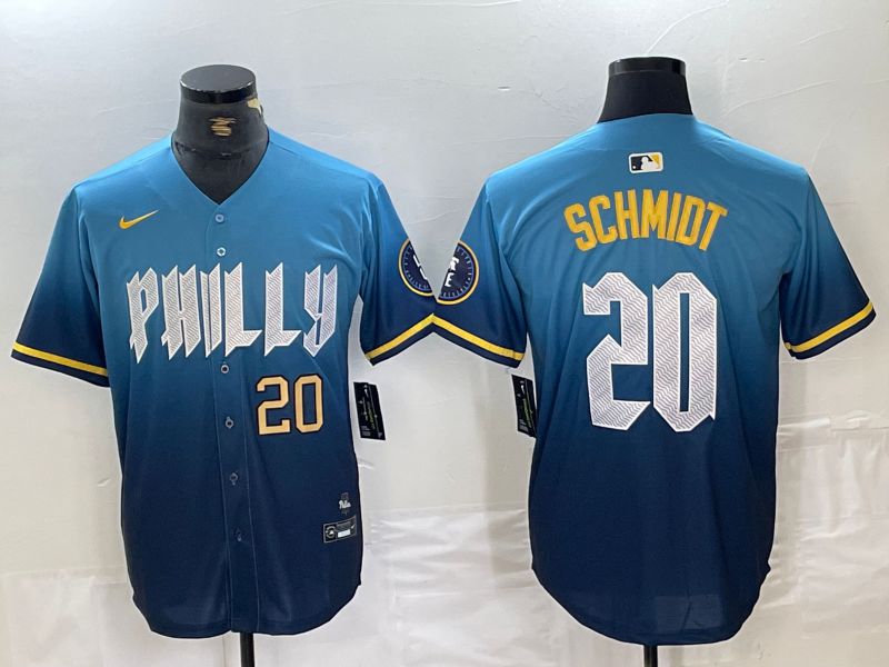 Men Philadelphia Phillies 20 Schmidt Blue City Edition Nike 2024 MLB Jersey style 4